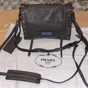 Authentic Prada Pattina grey and blue etiquette bag with grommets studs